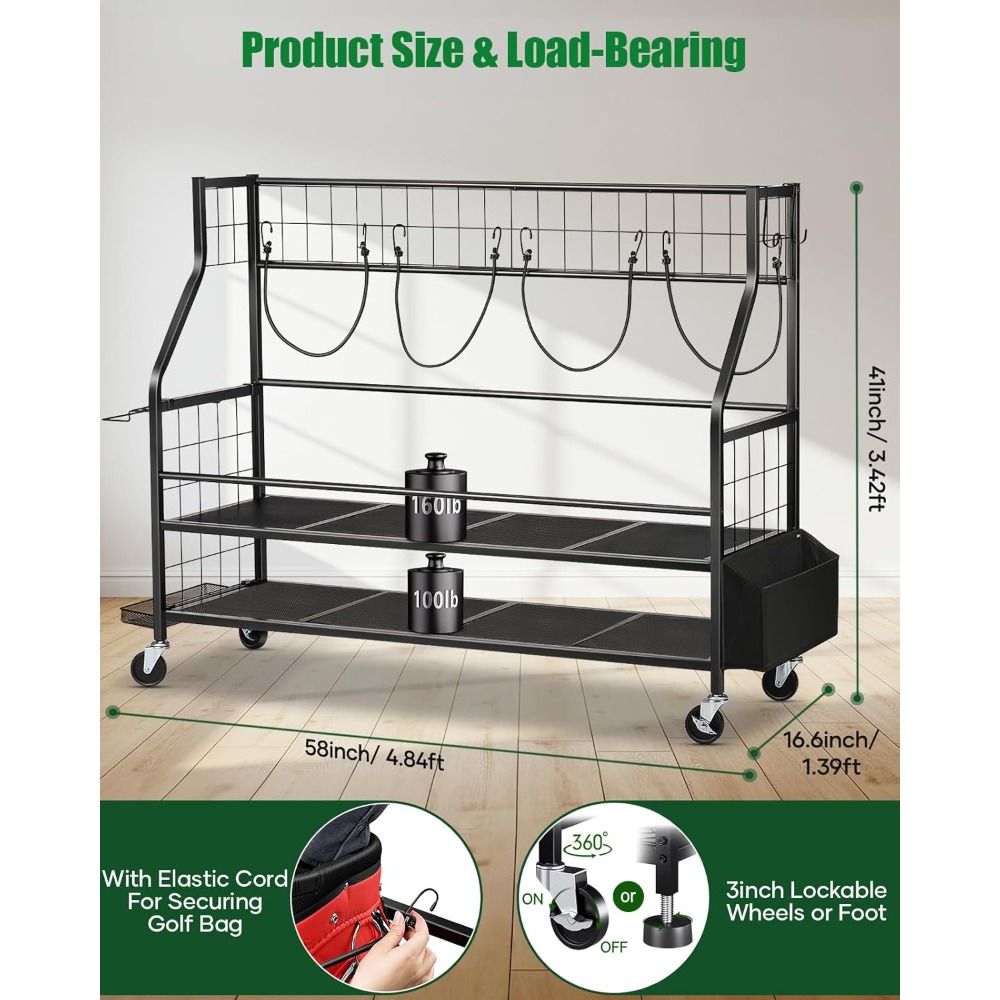 Golf Equipment Garage Organizer - Rak Penyimpanan Tas Golf Beroda, Organizer